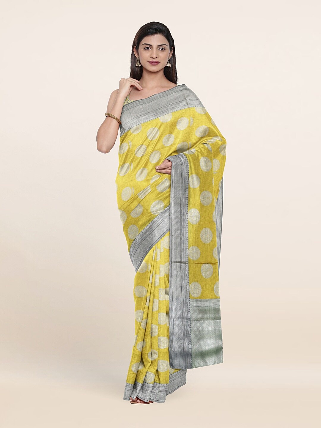 

Pothys Yellow & Silver-Toned Floral Woven Design Art Silk Saree
