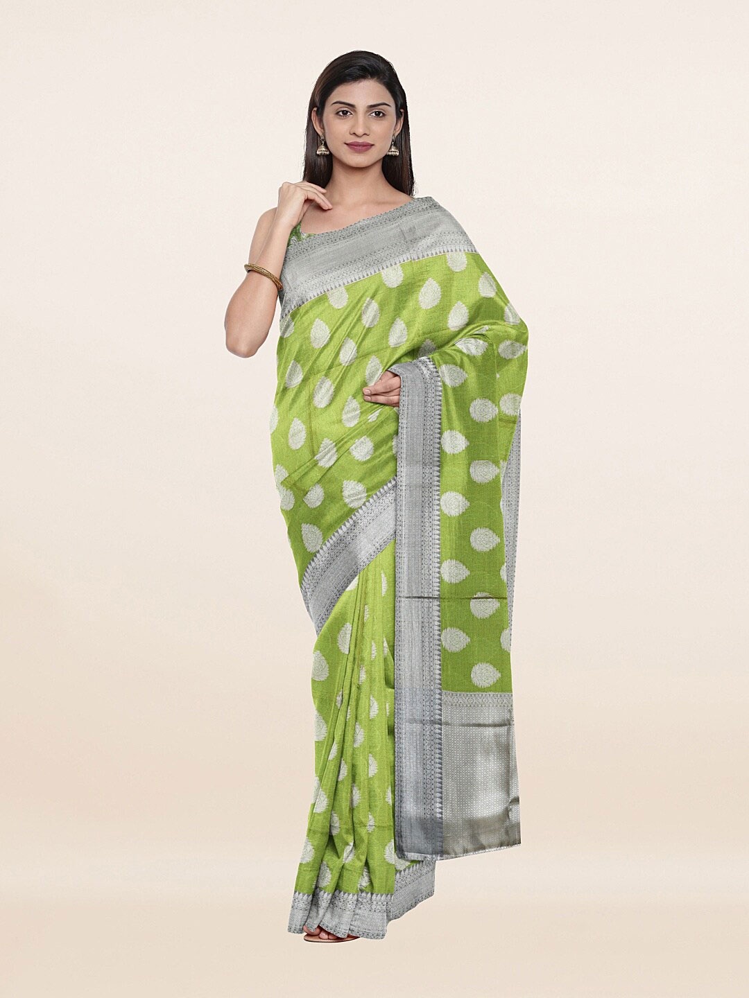 

Pothys Green & Silver-Toned Woven Design Art Silk Saree