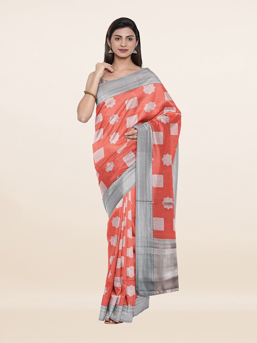 

Pothys Orange & Silver-Toned Zari Art Silk Saree