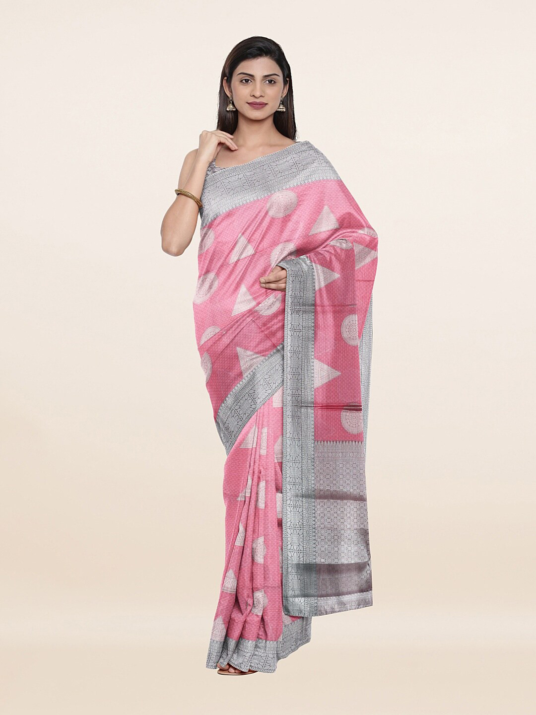 

Pothys Pink & Silver Ethnic Motifs Zari Art Silk Saree