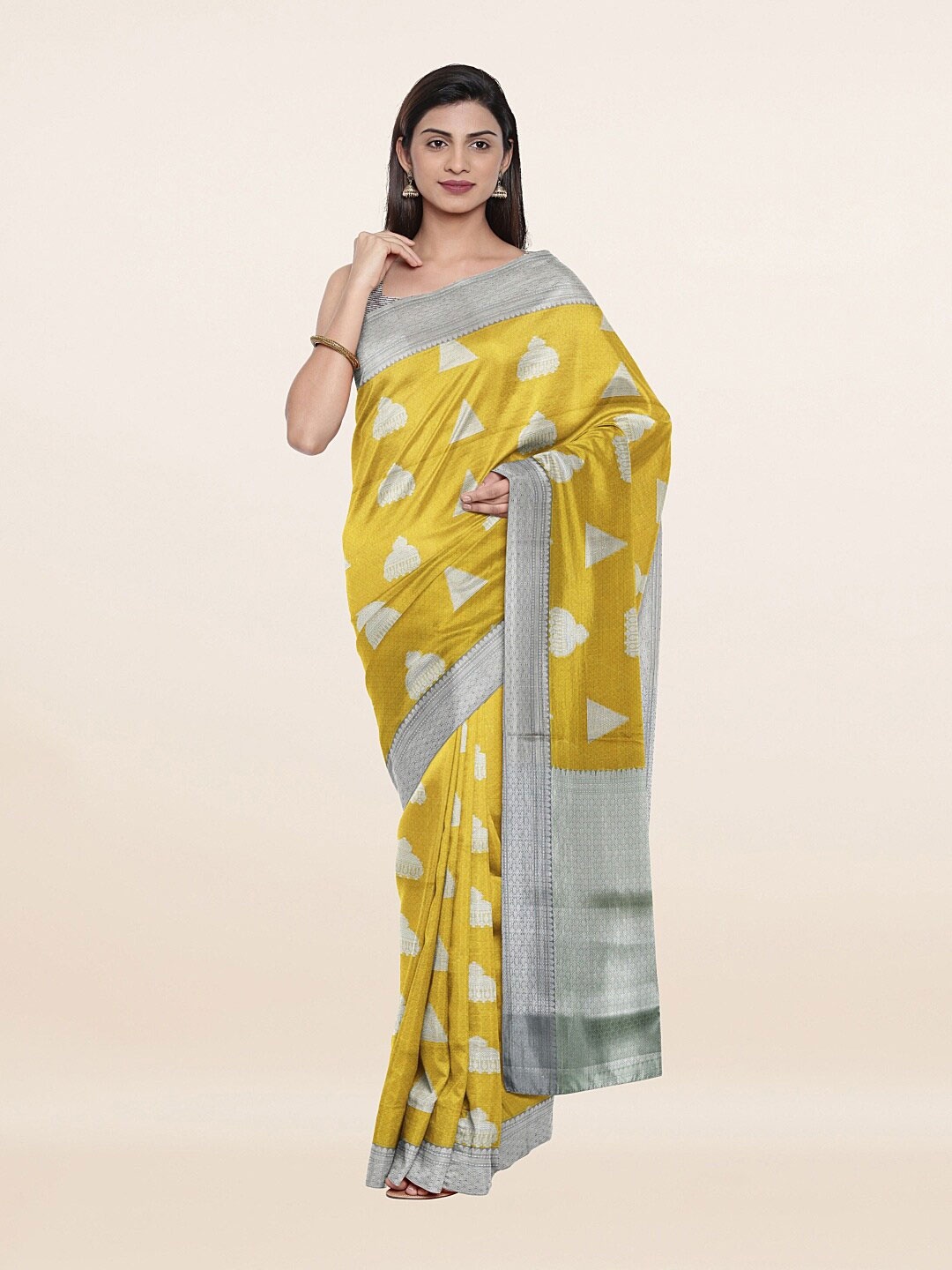

Pothys Yellow & Silver-Toned Ethnic Motifs Art Silk Saree