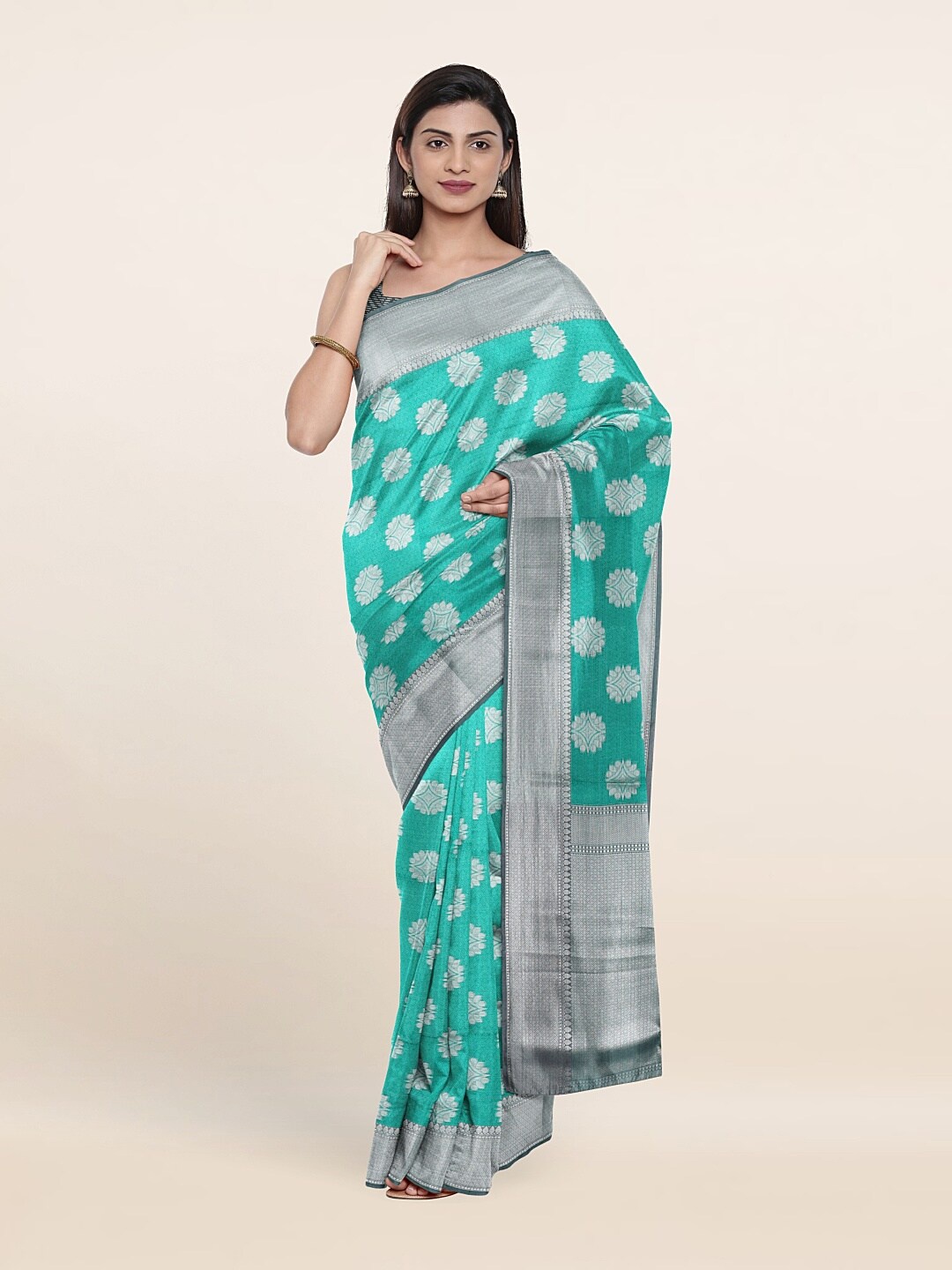 

Pothys Green & Silver-Toned Woven Design Art Silk Saree
