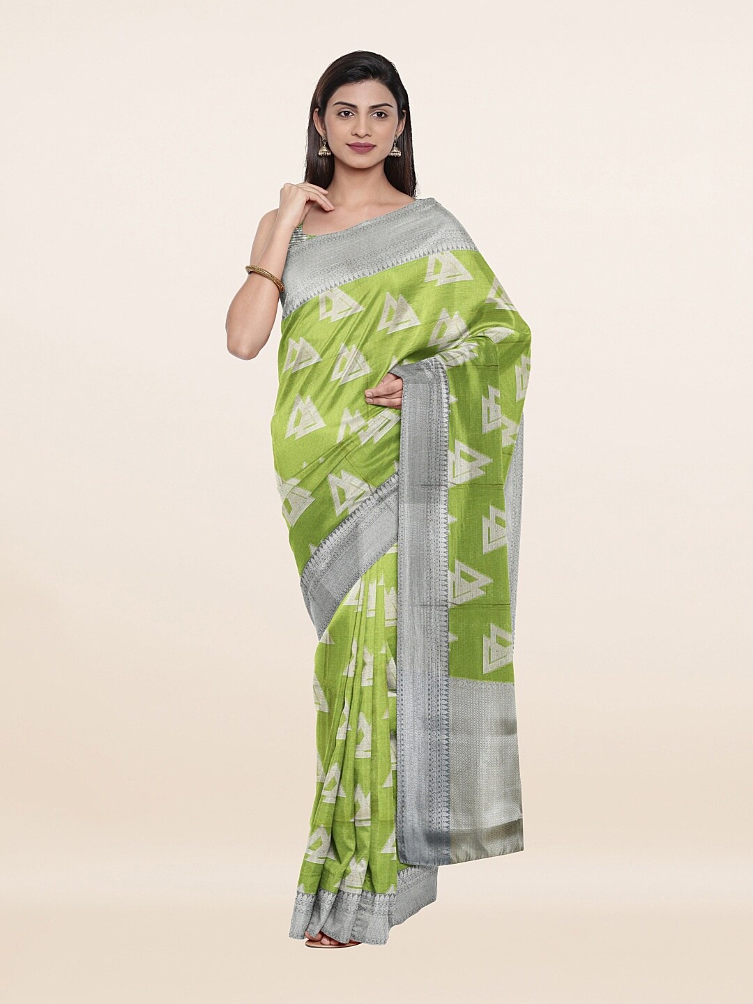 

Pothys Green & Silver-Toned Woven Design Zari Art Silk Saree