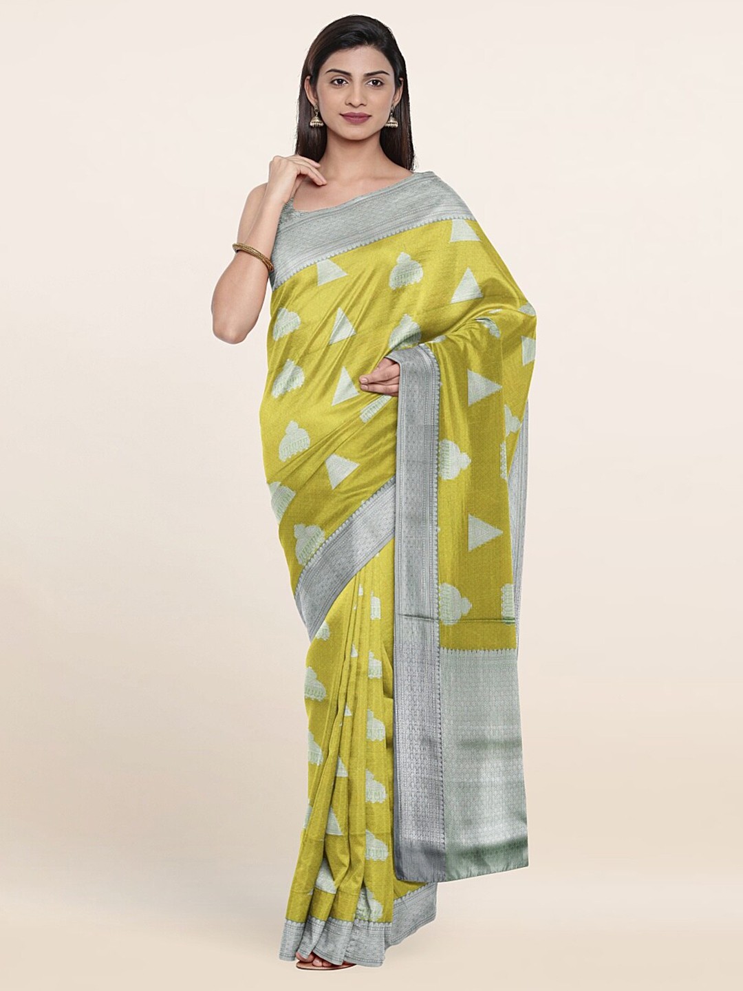 

Pothys Green & Silver-Toned Woven Design Art Silk Saree