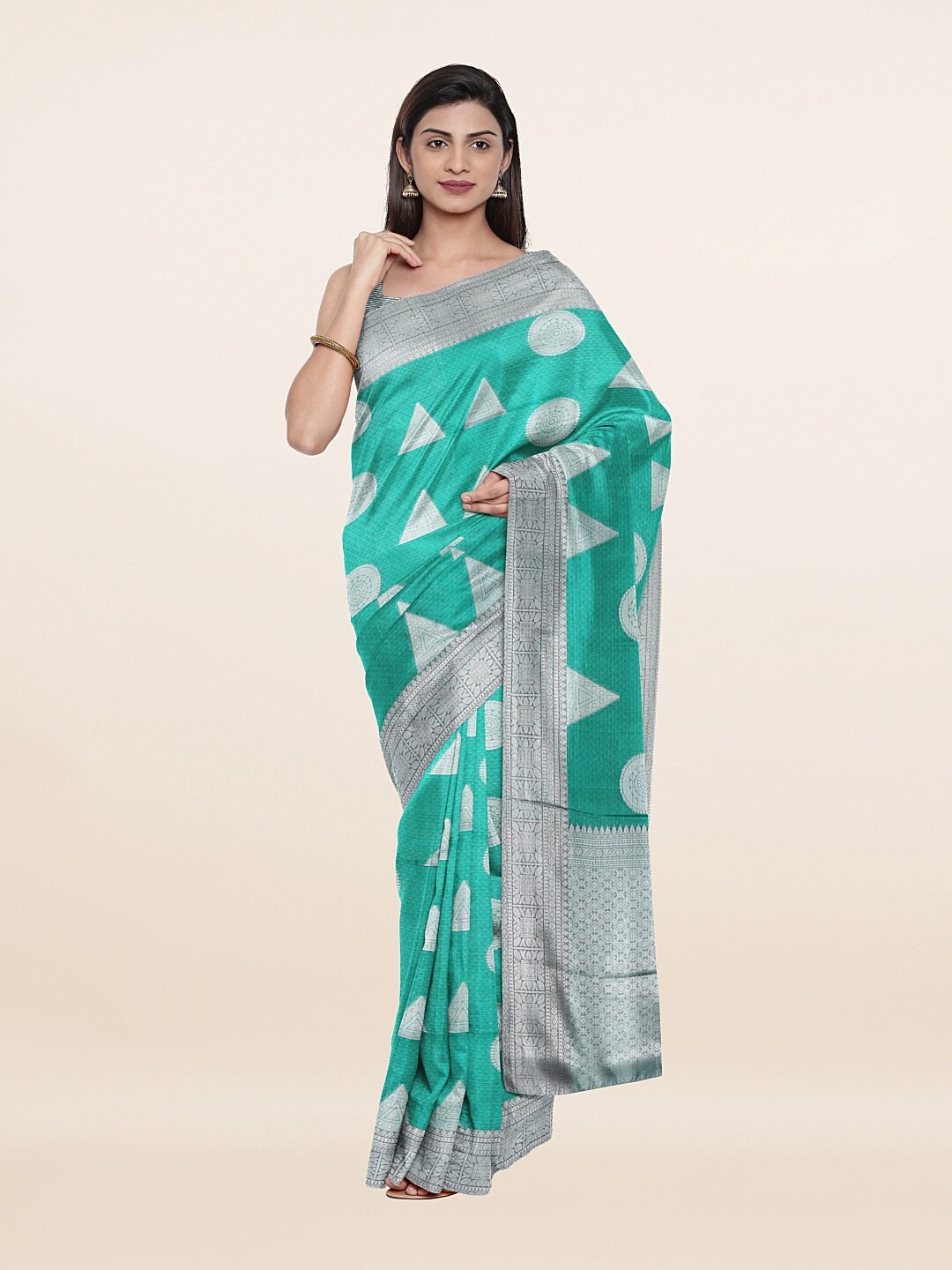 

Pothys Sea Green & Grey Ethnic Motifs Woven Design Art Silk Saree