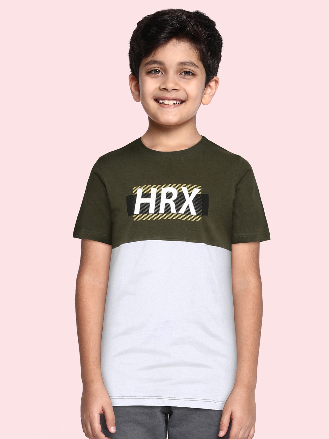 

HRX by Hrithik Roshan Boys Off White & Olive Green Colourblocked Lifestyle T-shirt