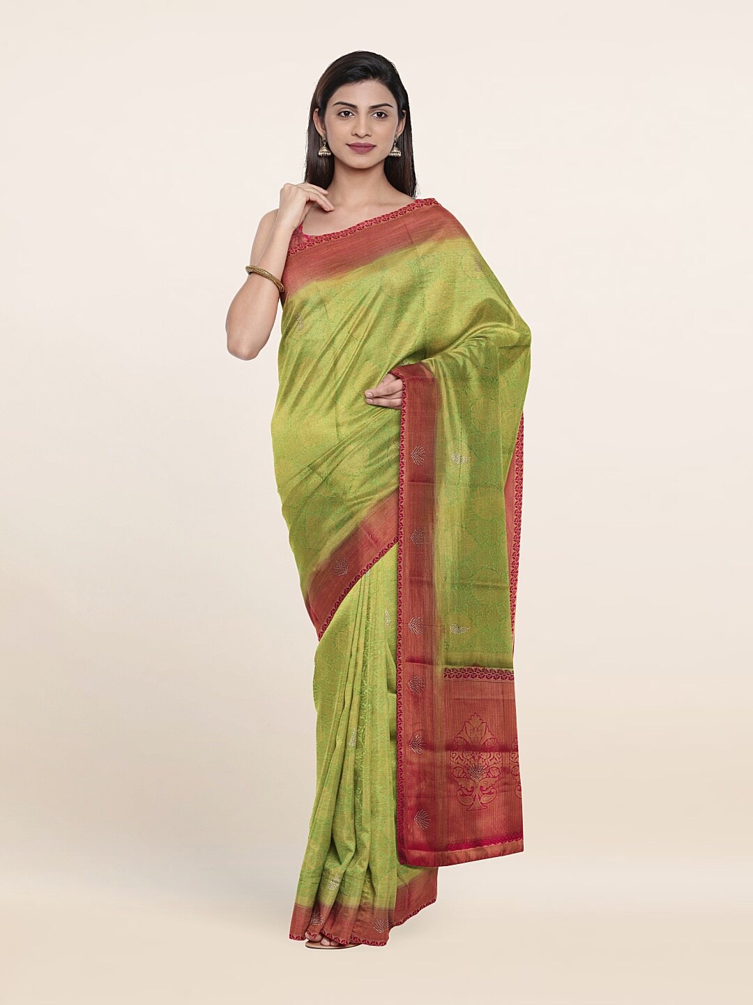 

Pothys Green & Red Ethnic Motifs Zari Art Silk Saree