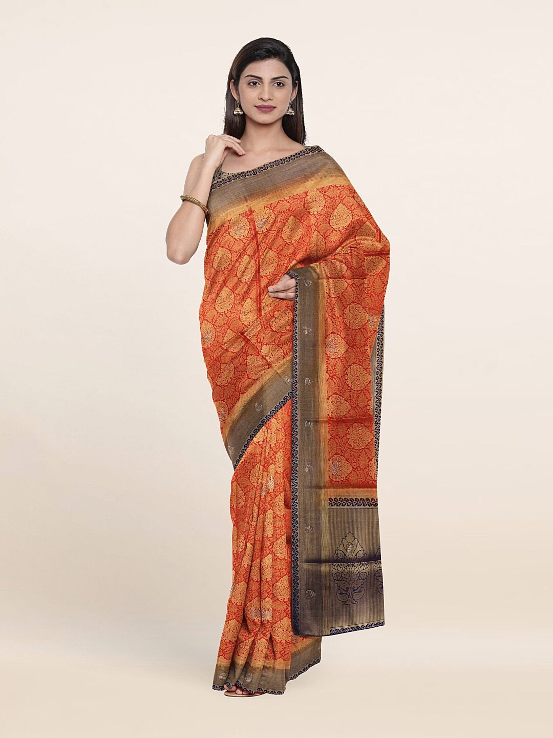 

Pothys Red & Gold-Toned Ethnic Motifs Art Silk Saree