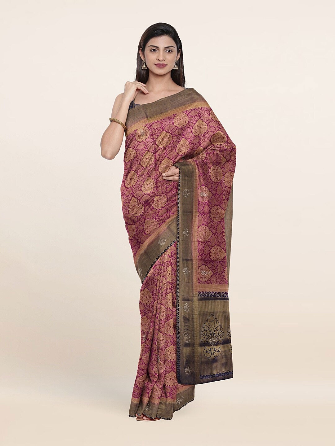 

Pothys Purple & Gold-Toned Ethnic Motifs Beads and Stones Art Silk Saree