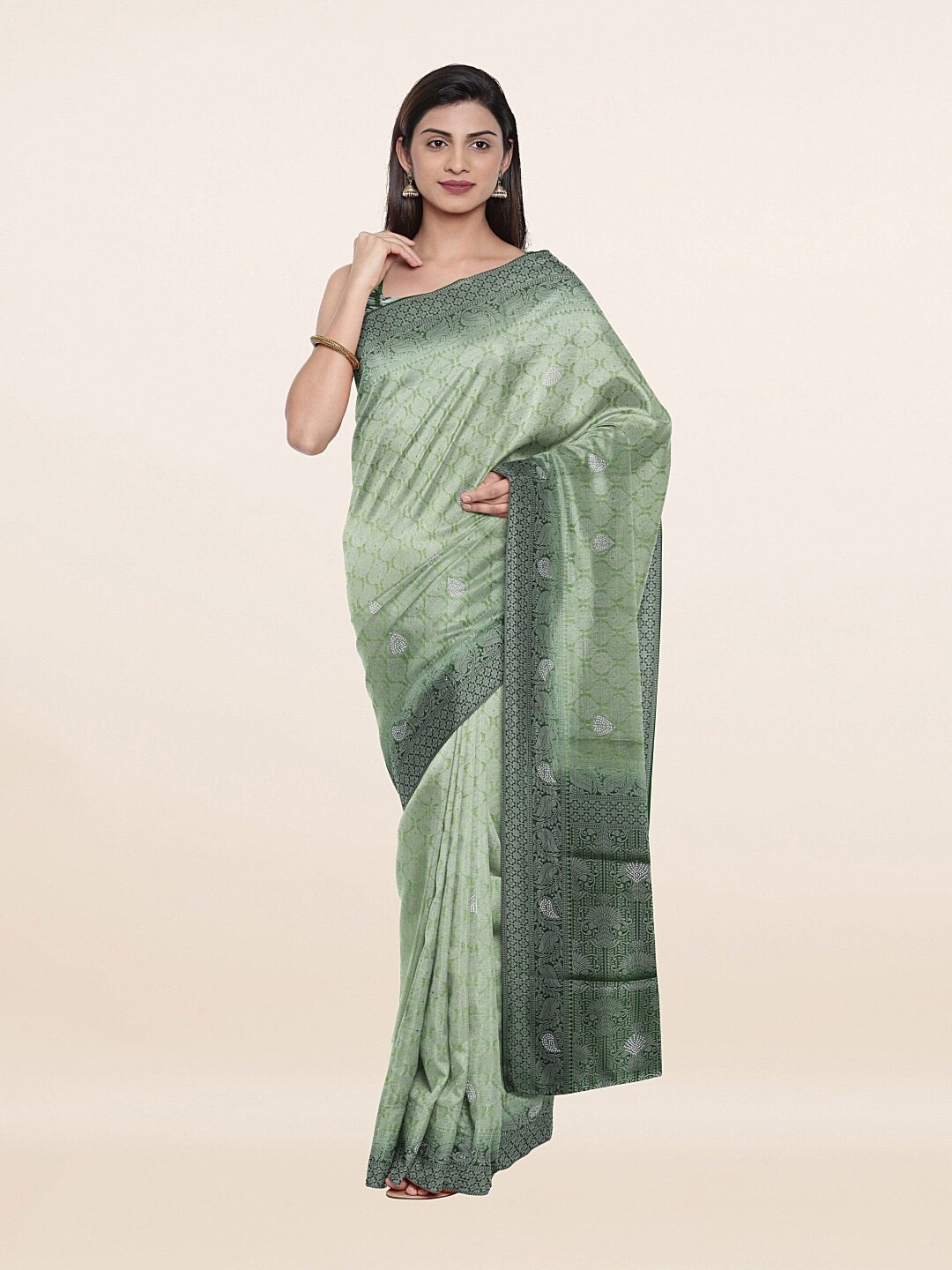 

Pothys Green & Silver-Toned Woven Design Art Silk Saree