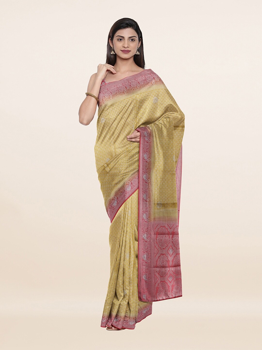 

Pothys Yellow & Pink Ethnic Motifs Beads and Stones Art Silk Saree