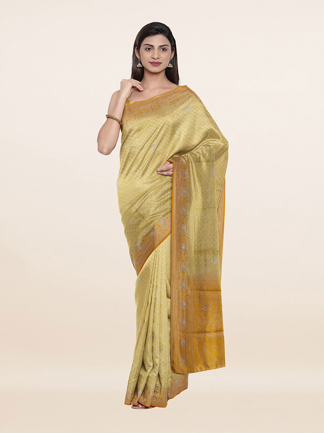 

Pothys Yellow & Silver-Toned Floral Zari Art Silk Saree