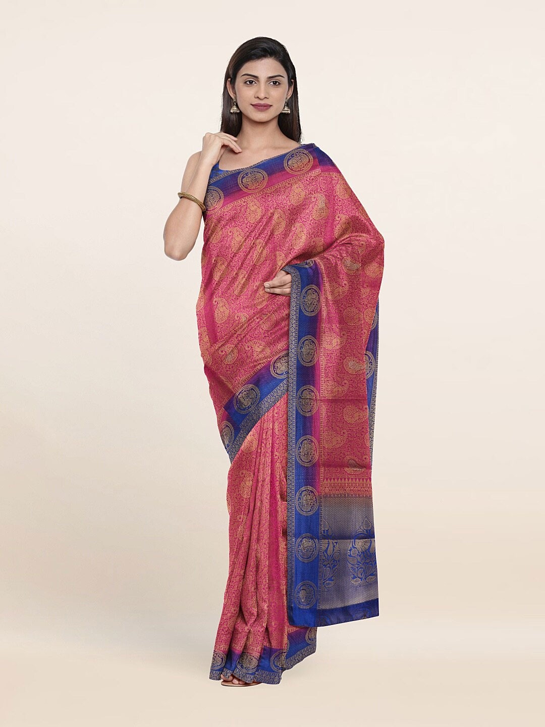 

Pothys Pink & Navy Blue Ethnic Motifs Zari Art Silk Saree