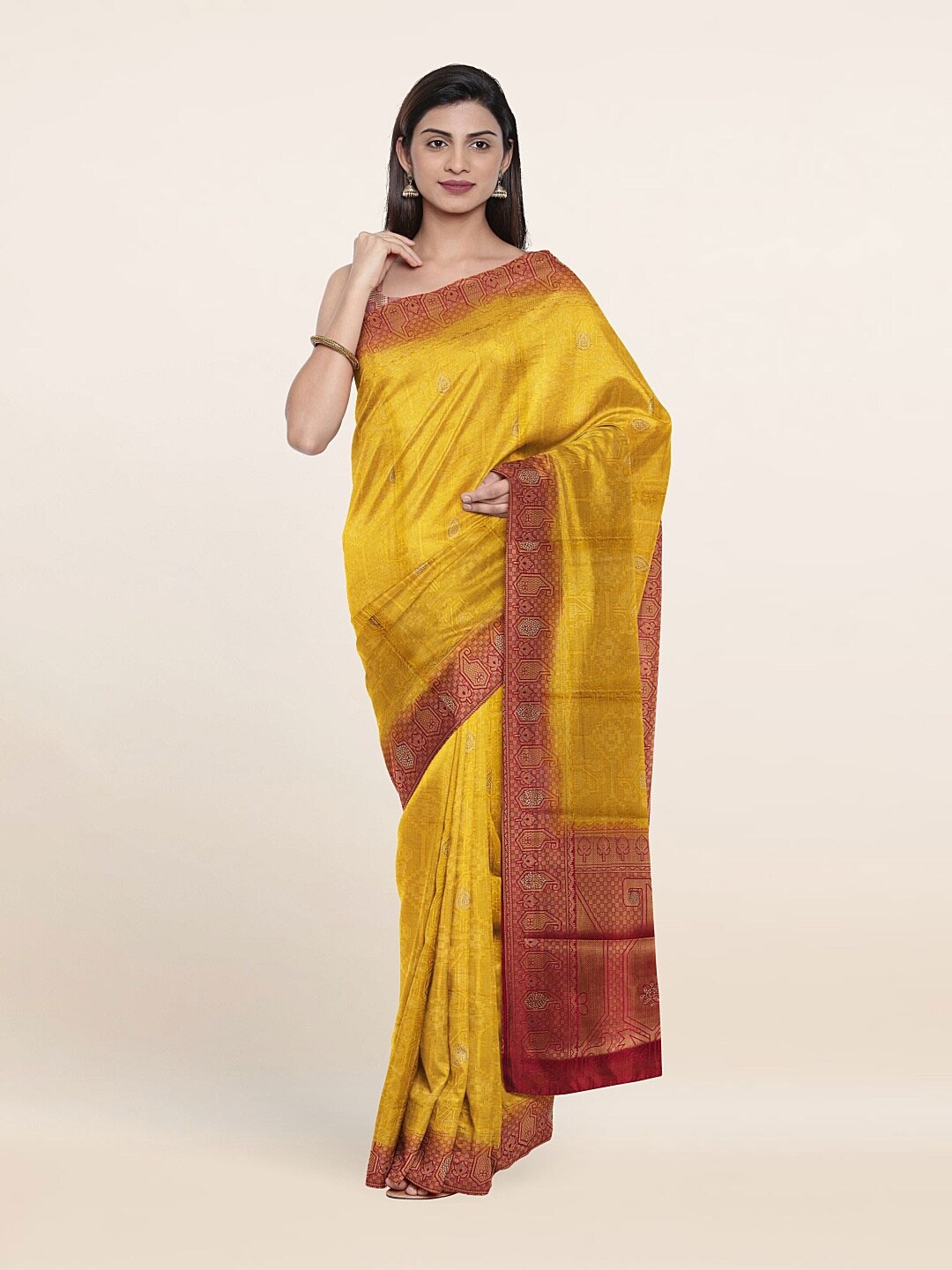 

Pothys Yellow & Gold-Toned Floral Woven Design Art Silk Saree