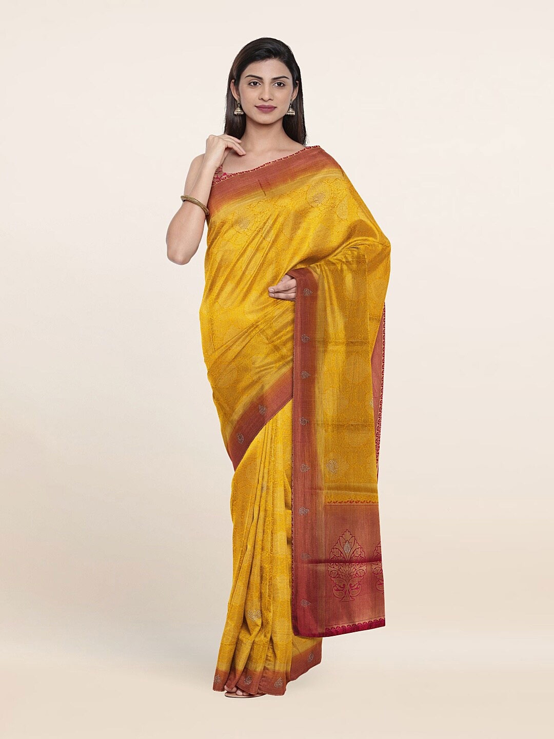 

Pothys Yellow & Magenta Ethnic Motifs Art Silk Saree