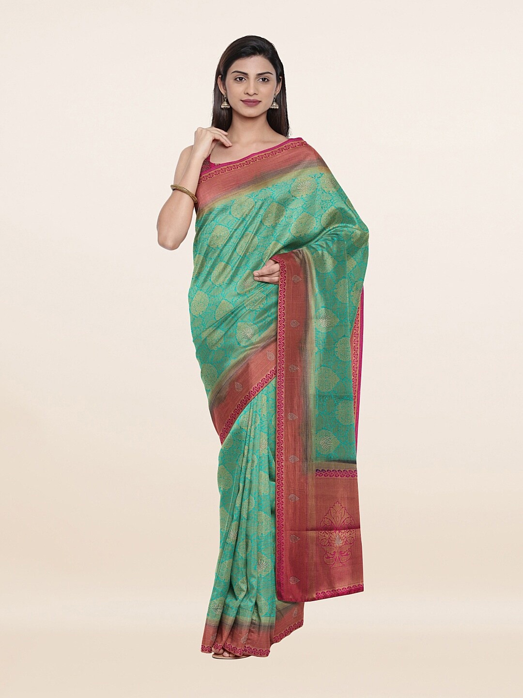 

Pothys Green & Pink Ethnic Motifs Art Silk Banarasi Saree