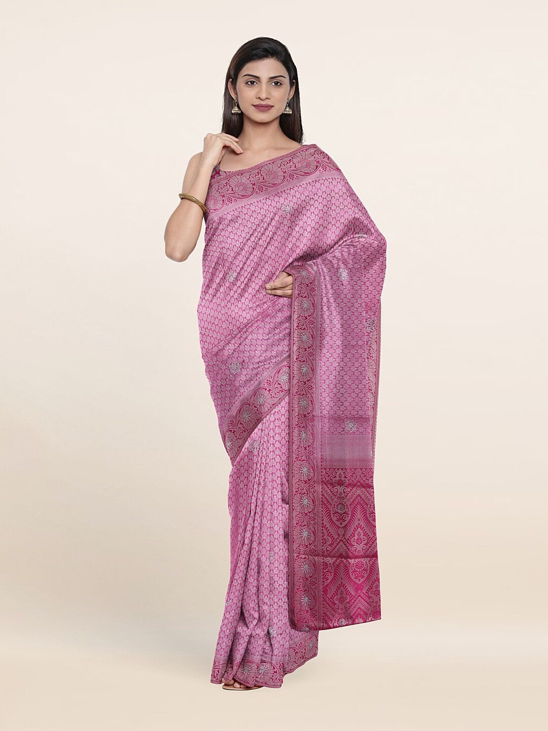 

Pothys Pink & Silver-Toned Ethnic Motifs Art Silk Banarasi Saree