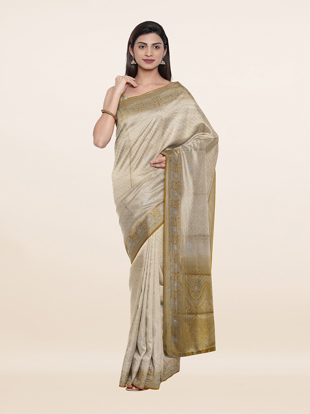 

Pothys Cream-Coloured & Gold-Toned Floral Zari Art Silk Saree