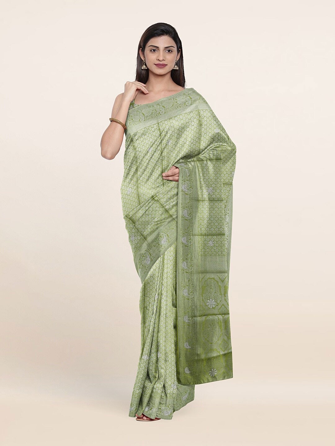 

Pothys Green & Silver-Toned Woven Design Art Silk Saree