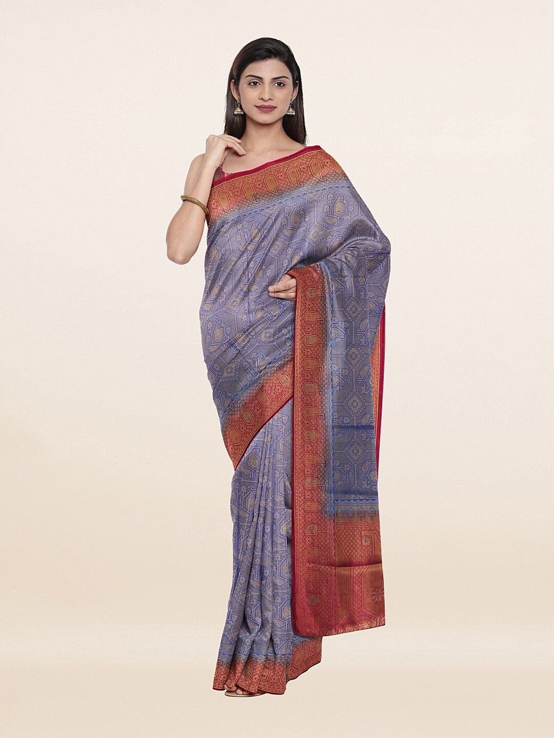 

Pothys Blue & Gold-Toned Ethnic Motifs Art Silk Banarasi Saree