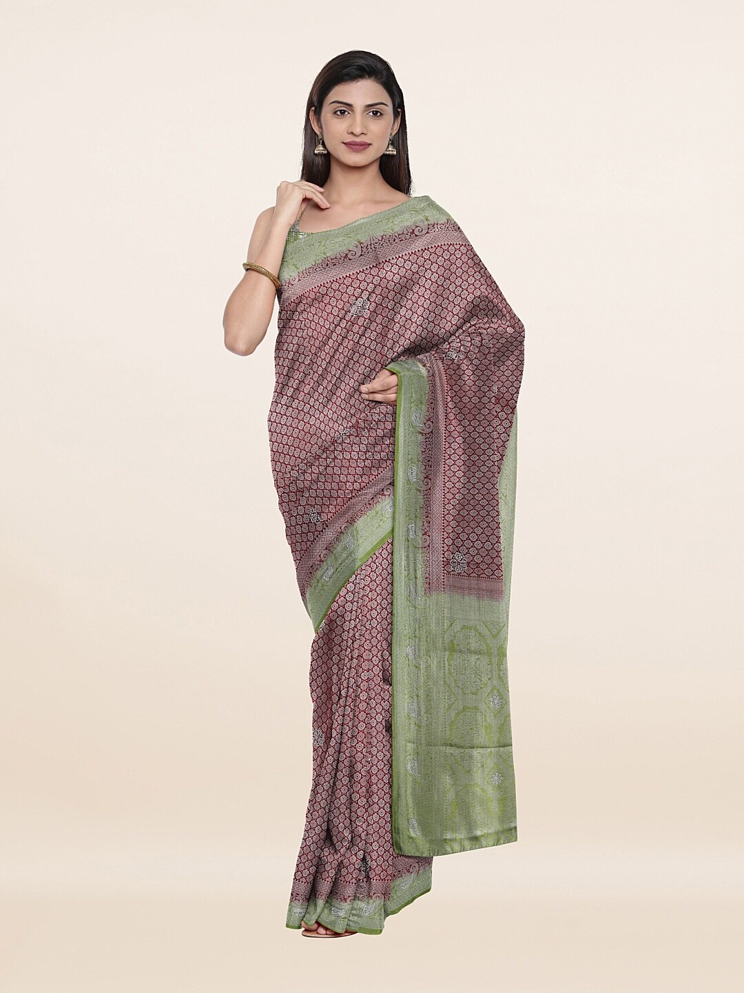 

Pothys Maroon & Green Ethnic Motifs Art Silk Banarasi Saree