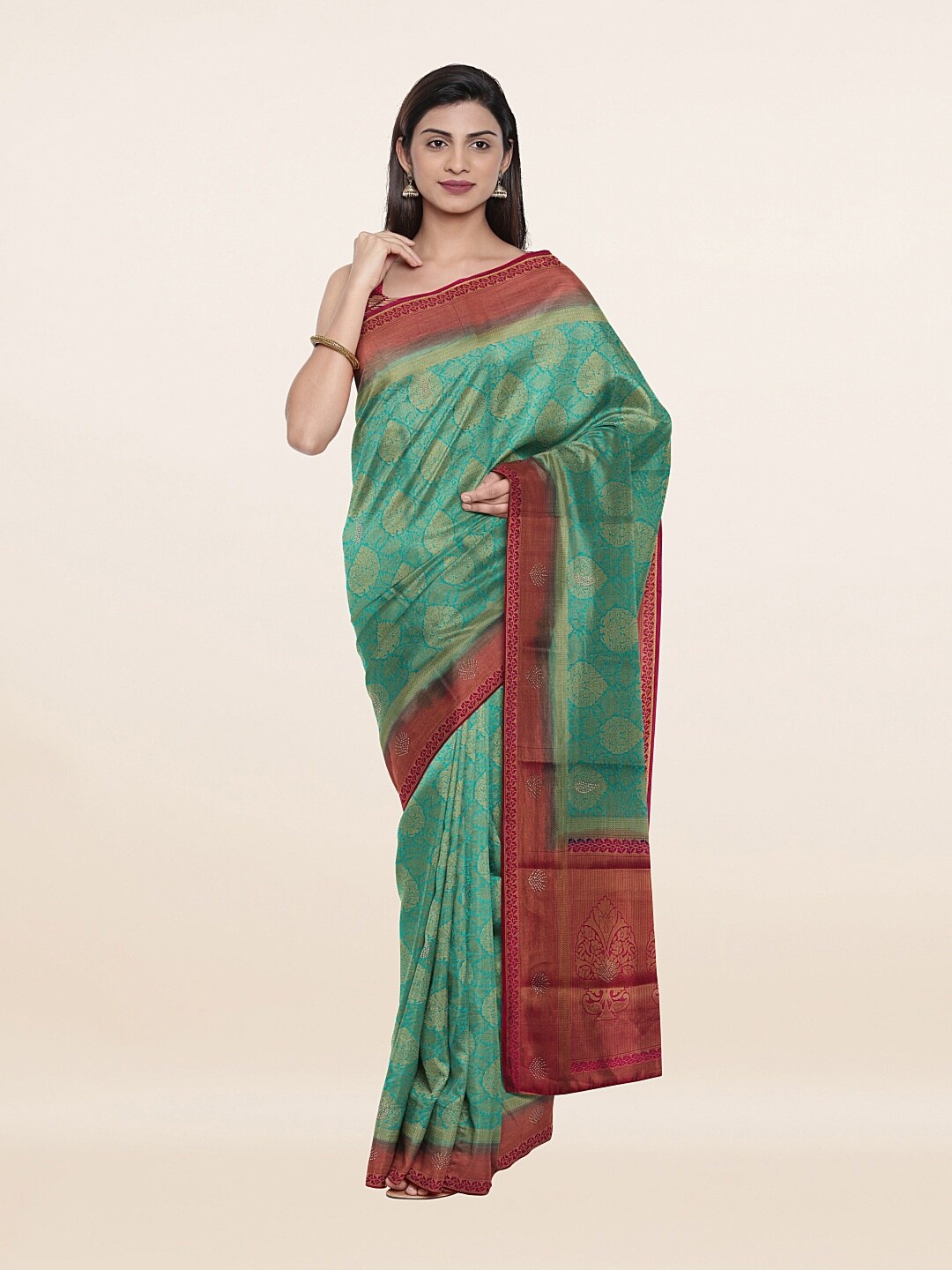 

Pothys Green & Red Ethnic Motifs Art Silk Saree