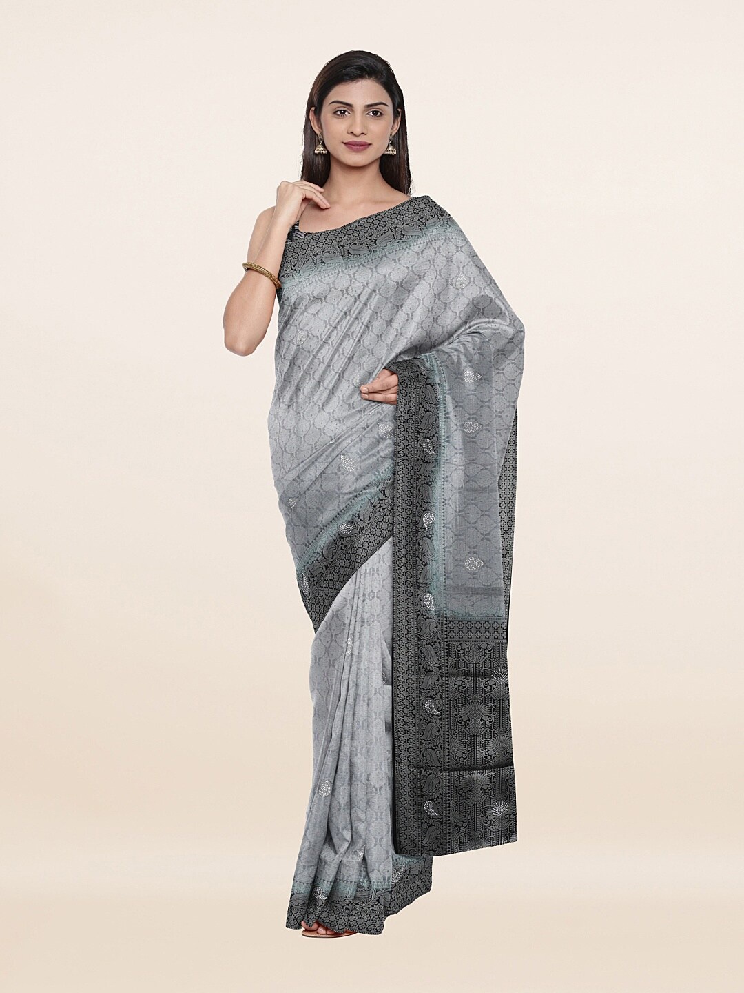 

Pothys Grey & Silver Floral Art Silk Saree