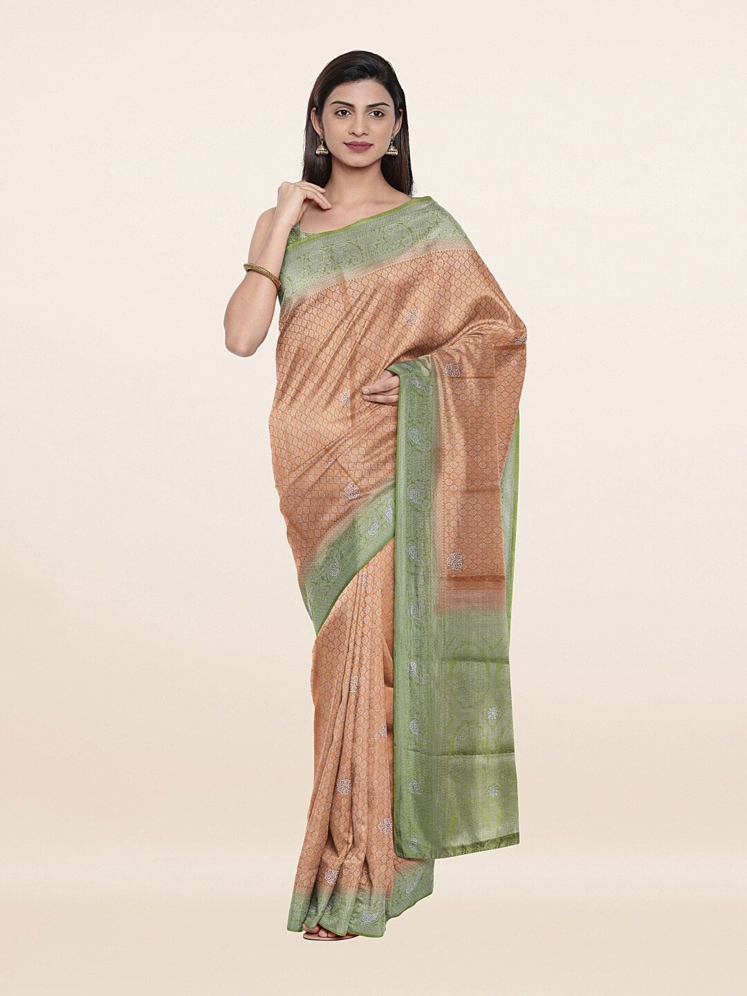 

Pothys Orange & Green Ethnic Motifs Zari Art Silk Saree