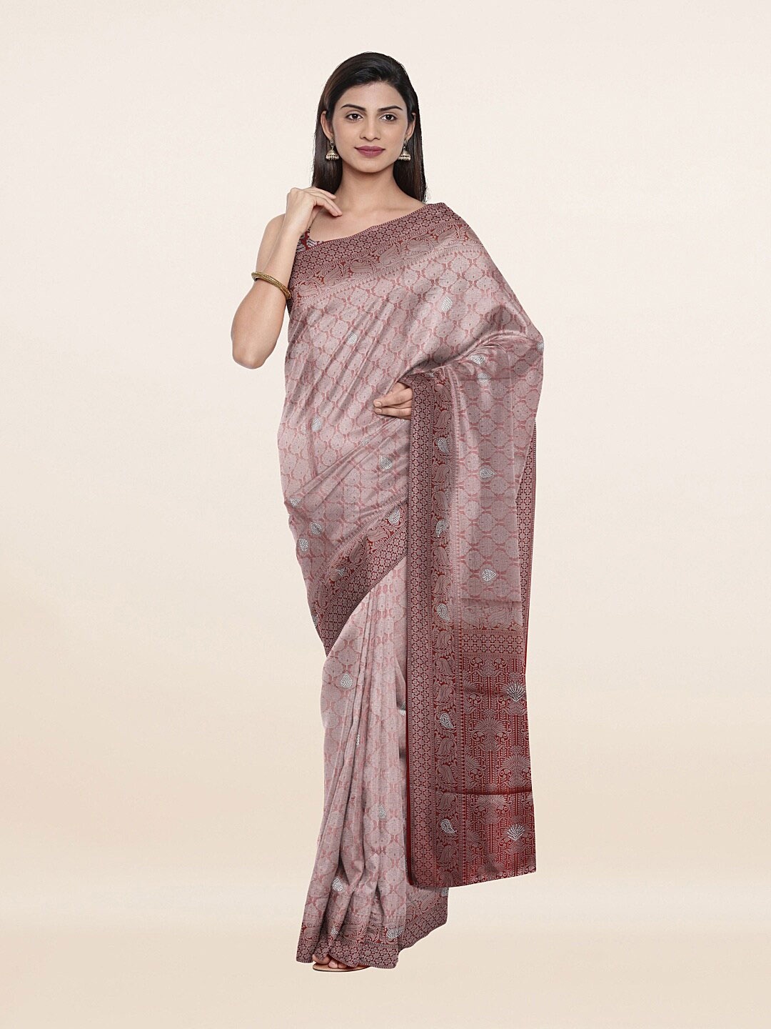 

Pothys Pink & Silver-Toned Ethnic Motifs Zari Art Silk Saree