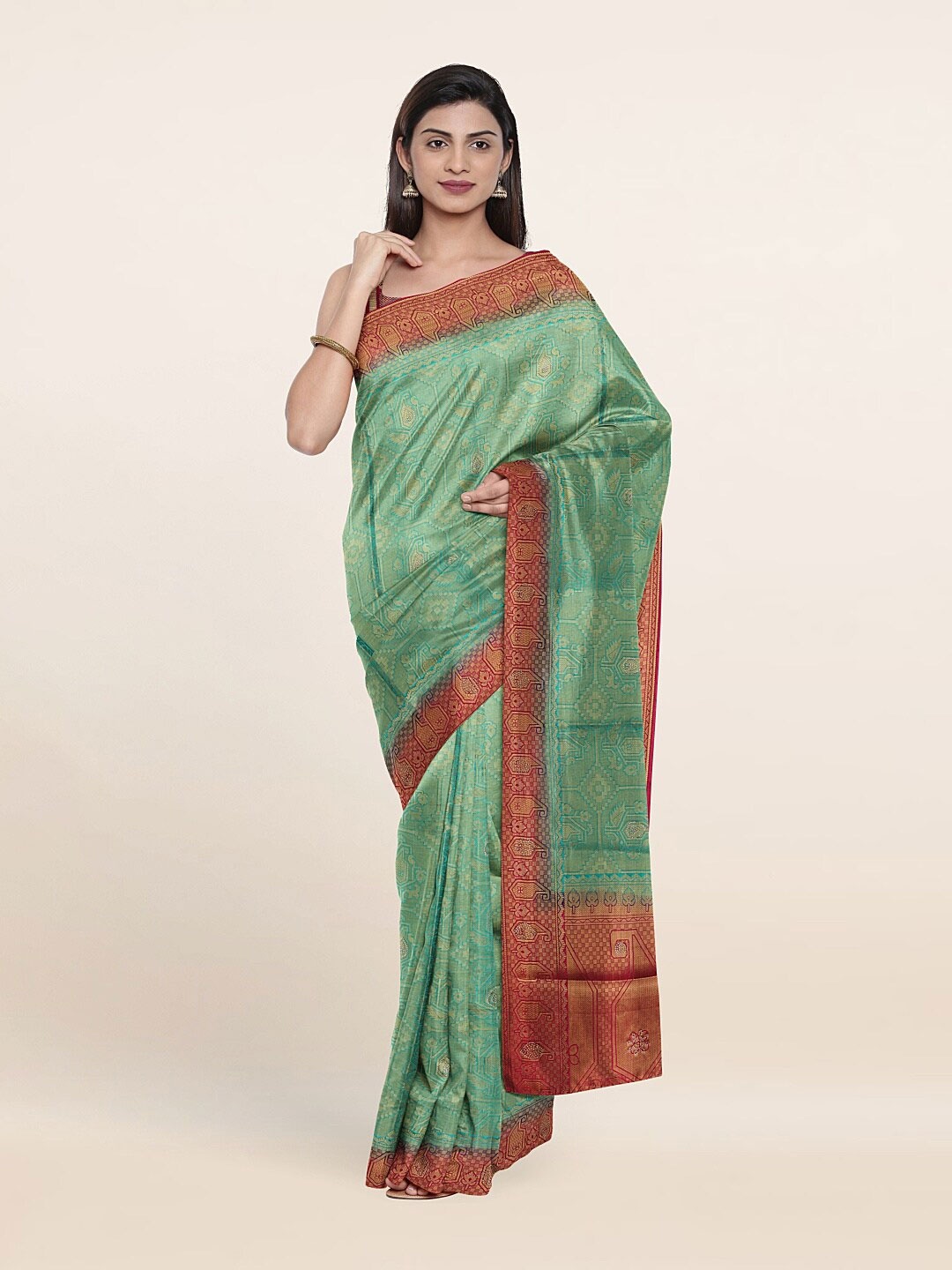 

Pothys Green & Red Ethnic Motifs Zari Art Silk Saree