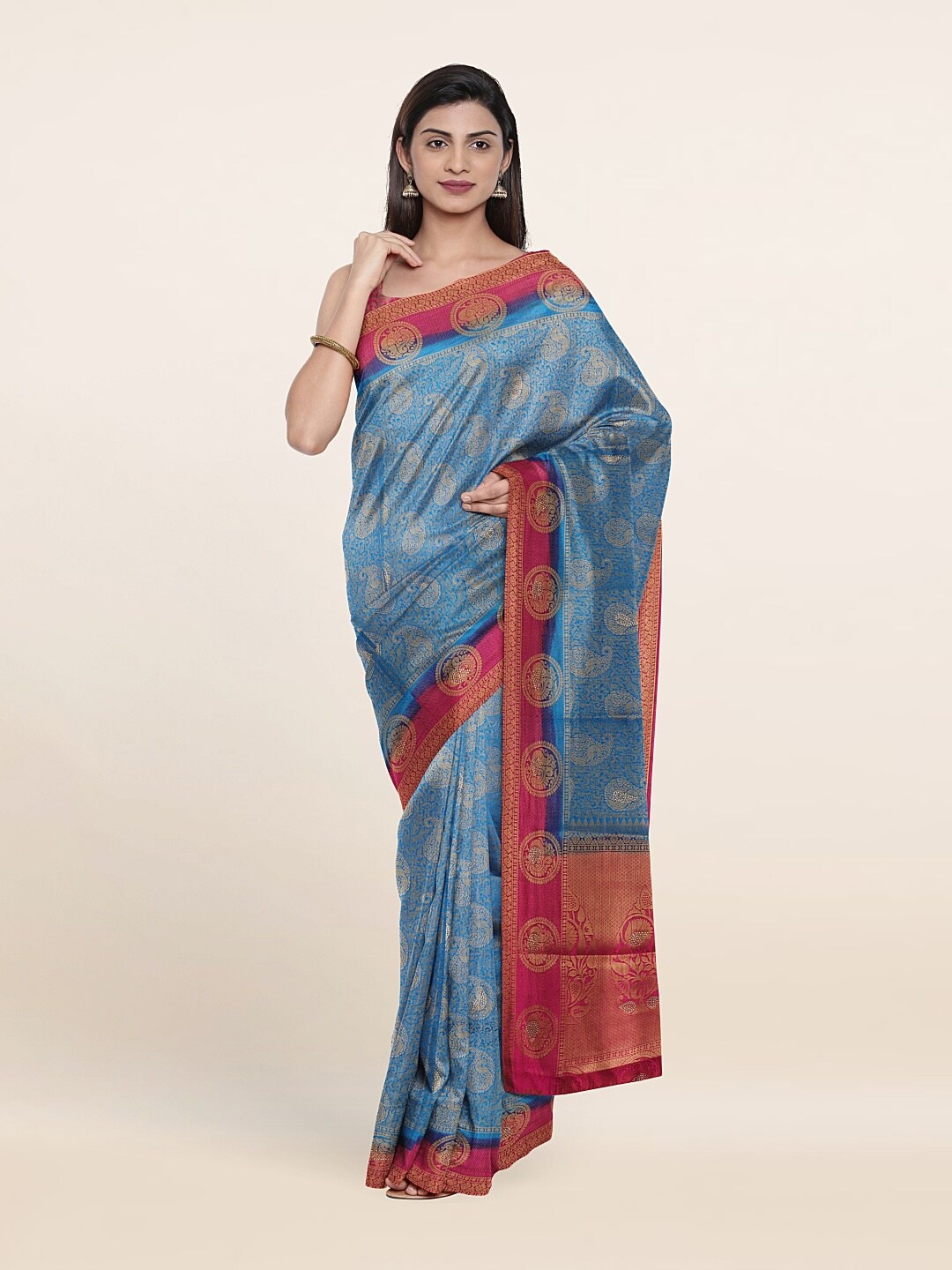 

Pothys Blue & Magenta Ethnic Motifs Zari Art Silk Saree