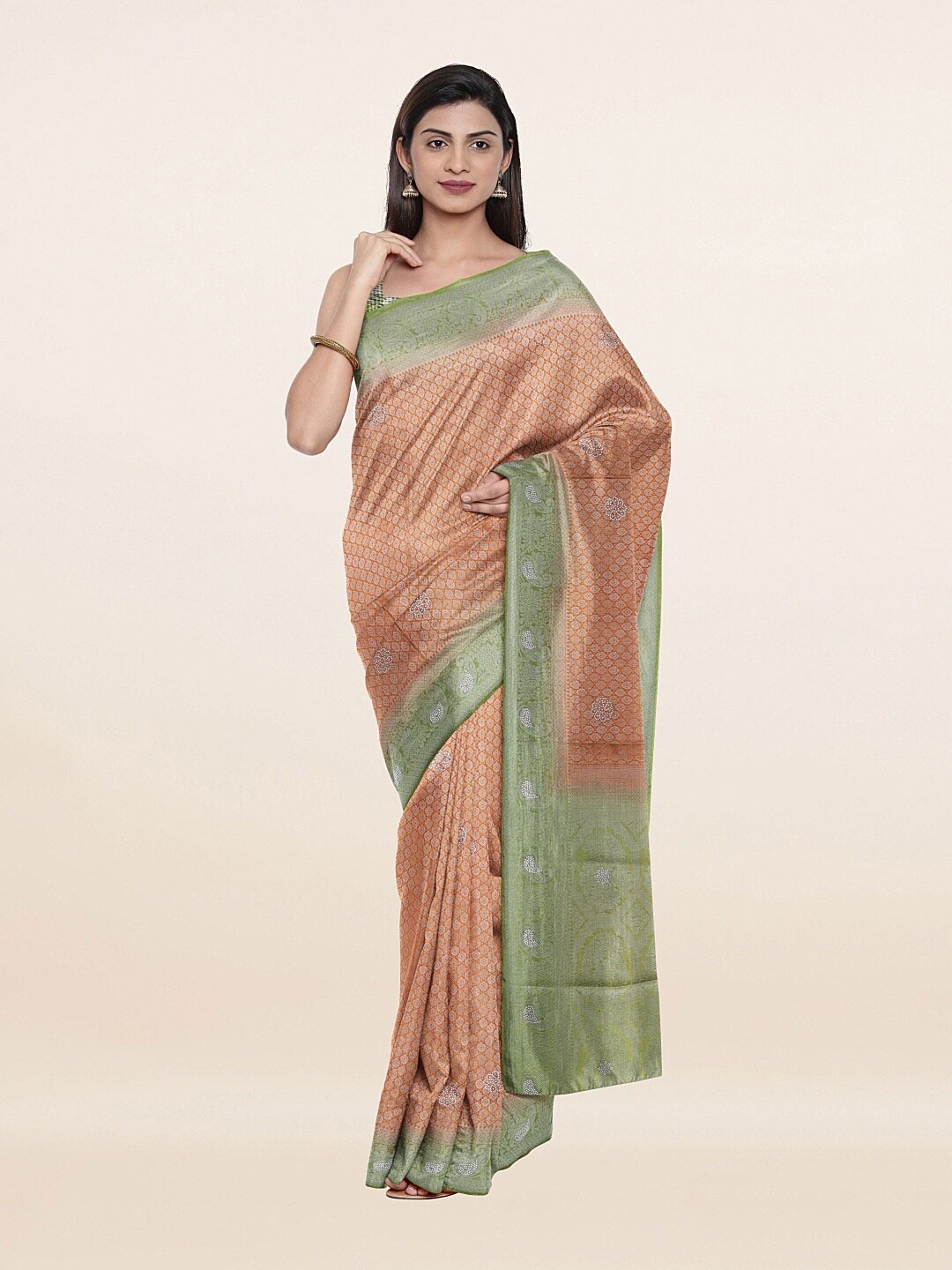 

Pothys Orange & Green Floral Art Silk Banarasi Saree