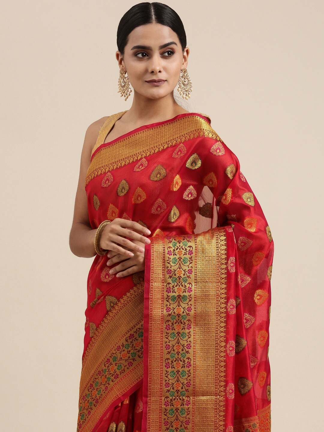 

Mitera Red Ethnic Motifs Woven Design Zari Organza Silk Banarasi Saree