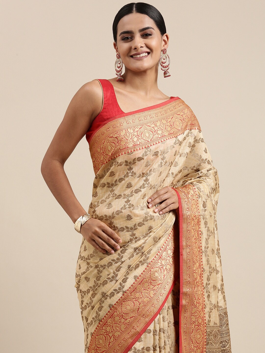 

Mitera Beige Ethnic Motifs Woven Design Silk Cotton Chanderi Saree