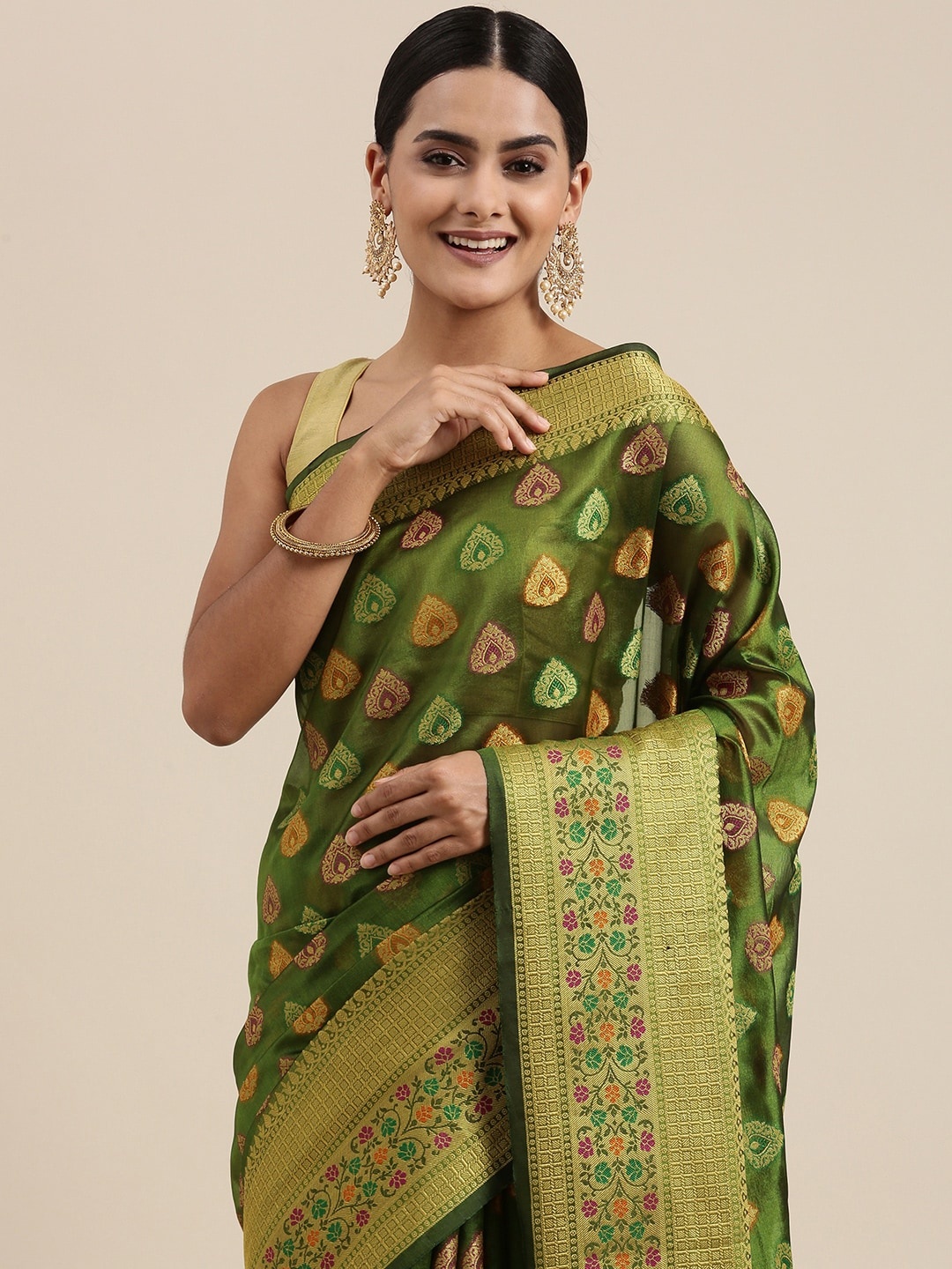 

Mitera Olive Green Ethnic Motifs Zari Organza Silk Banarasi Saree