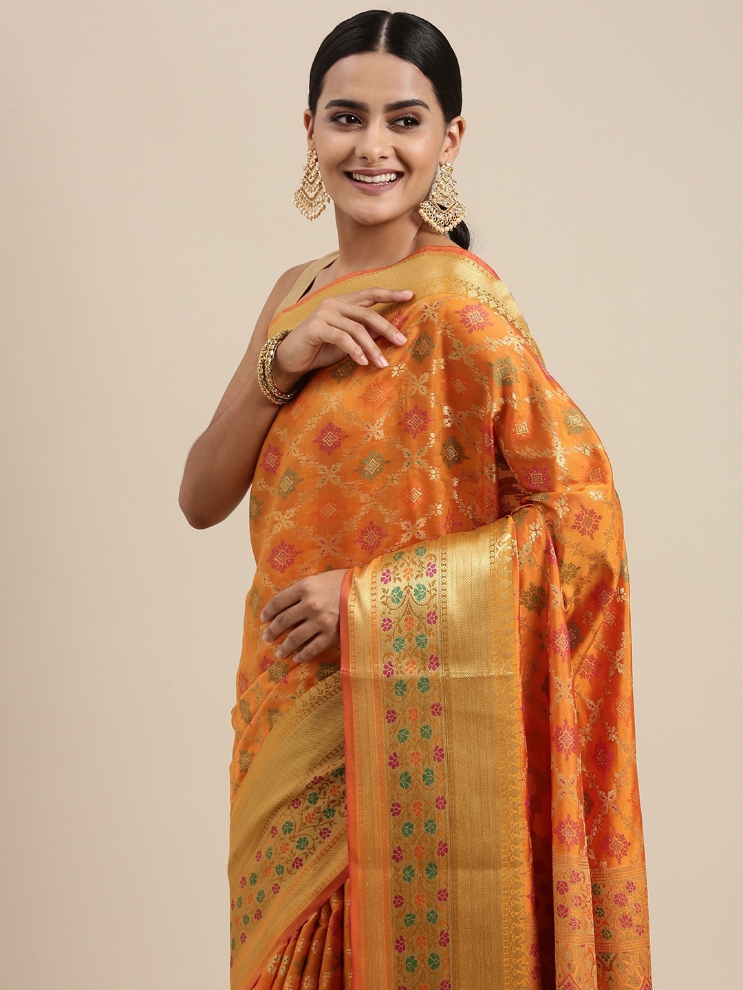 

Mitera Orange Ethnic Motifs Woven Design Silk Cotton Chanderi Saree