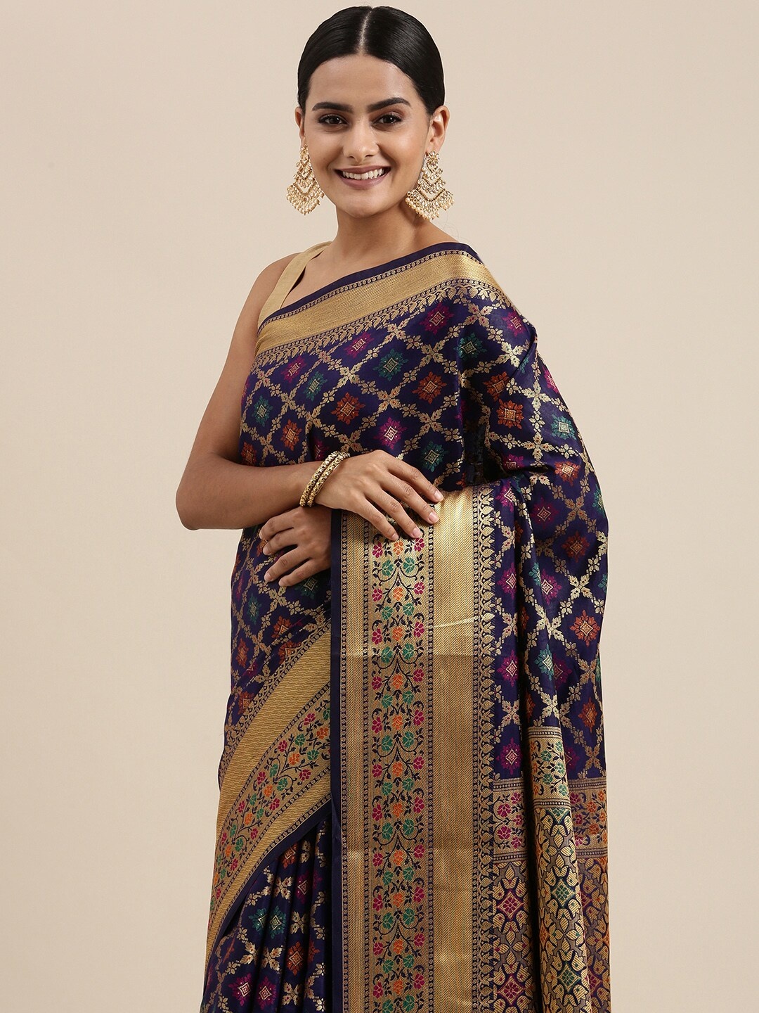 

Mitera Navy Blue Ethnic Motifs Woven Design Silk Cotton Chanderi Saree