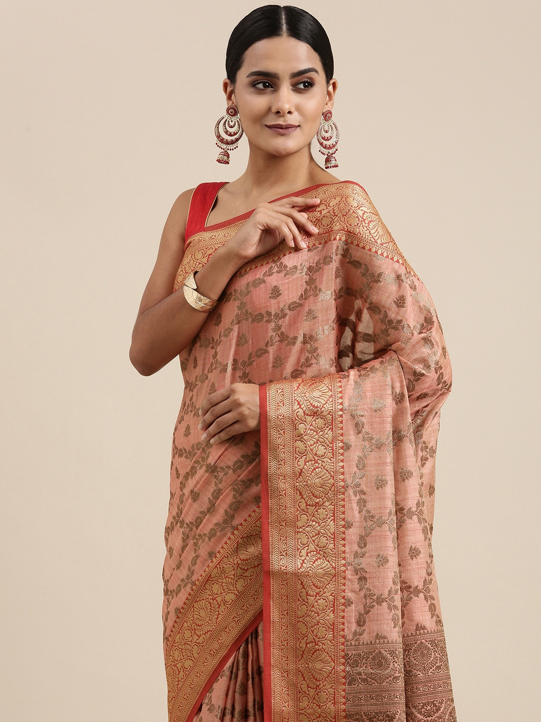 

Mitera Pink Ethnic Motifs Woven Design Silk Cotton Chanderi Saree