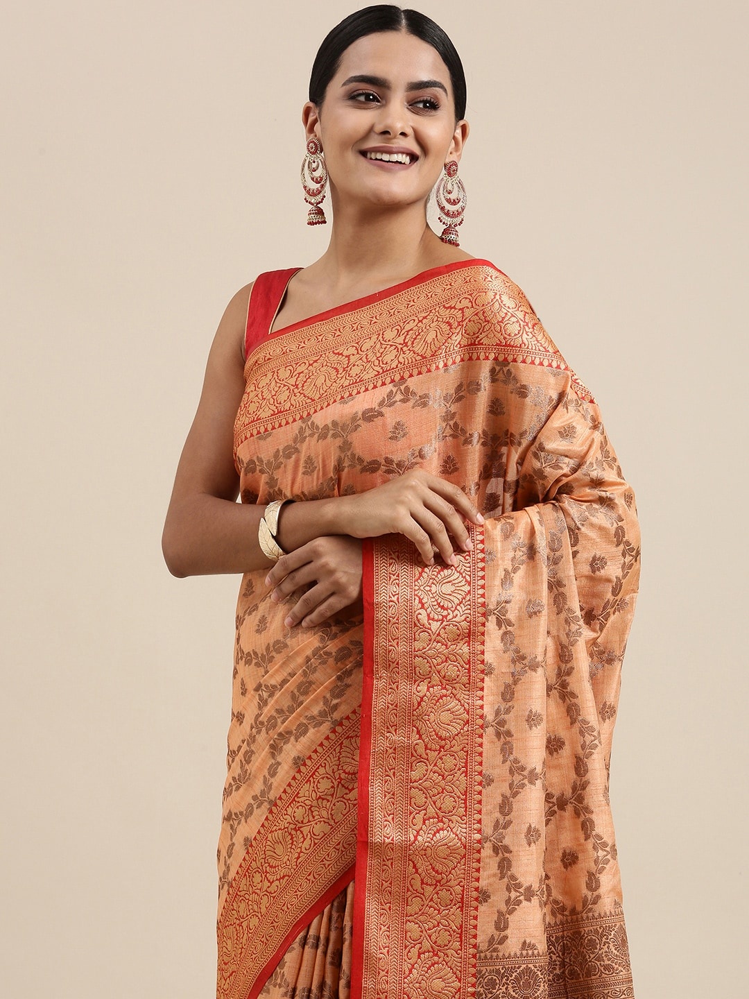 

Mitera Peach-Coloured Ethnic Motifs Woven Design Silk Cotton Chanderi Saree