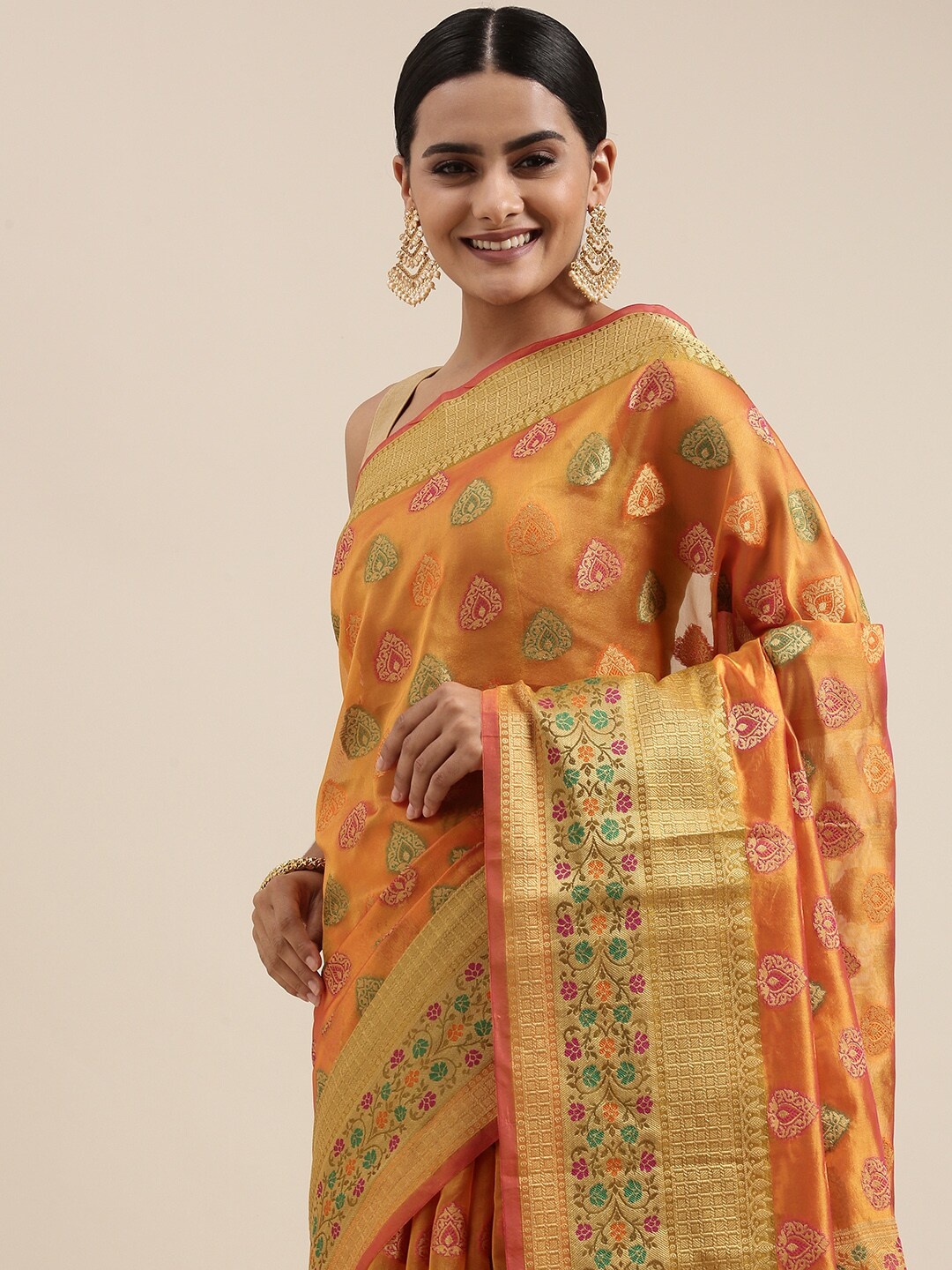 

Mitera Mustard Yellow Ethnic Motifs Zari Organza Silk Banarasi Saree