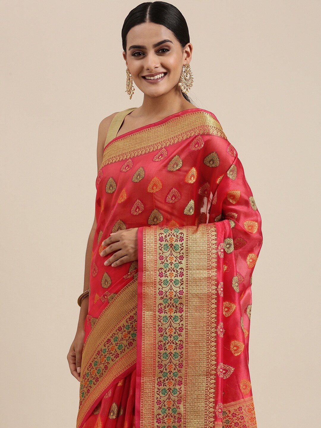 

Mitera Pink Ethnic Motifs Zari Organza Silk Banarasi Saree