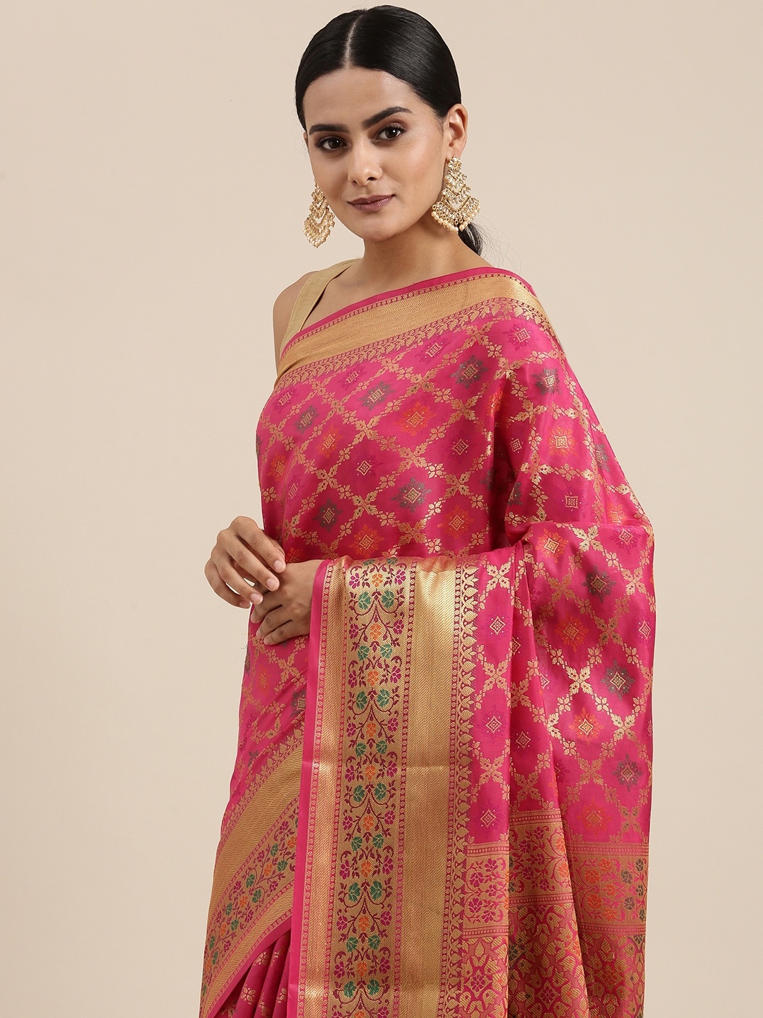 

Mitera Pink Ethnic Motifs Woven Design Silk Cotton Chanderi Saree
