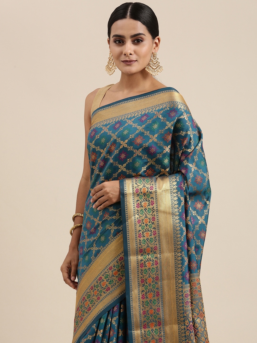 

Mitera Blue Ethnic Motifs Woven Design Silk Cotton Chanderi Saree