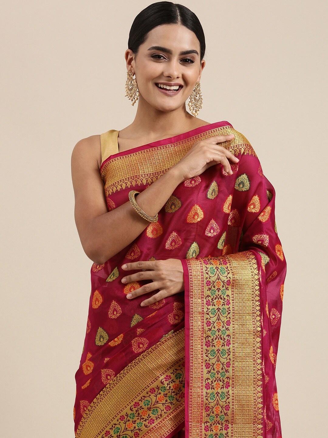 

Mitera Magenta Ethnic Motifs Zari Organza Silk Banarasi Saree
