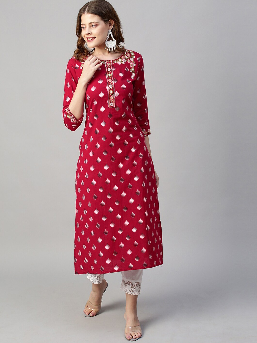 

FASHOR Women Red Ethnic Motifs Printed Keyhole Neck Mirror Work Kurta
