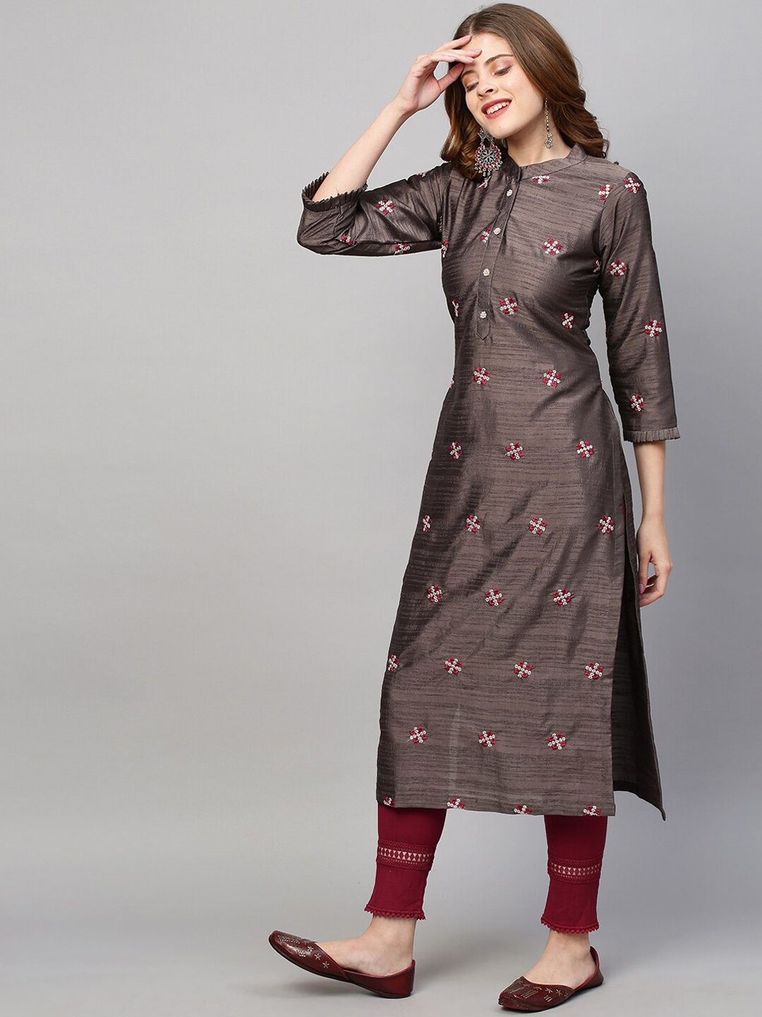 

FASHOR Women Brown Printed Thread Work Kurta