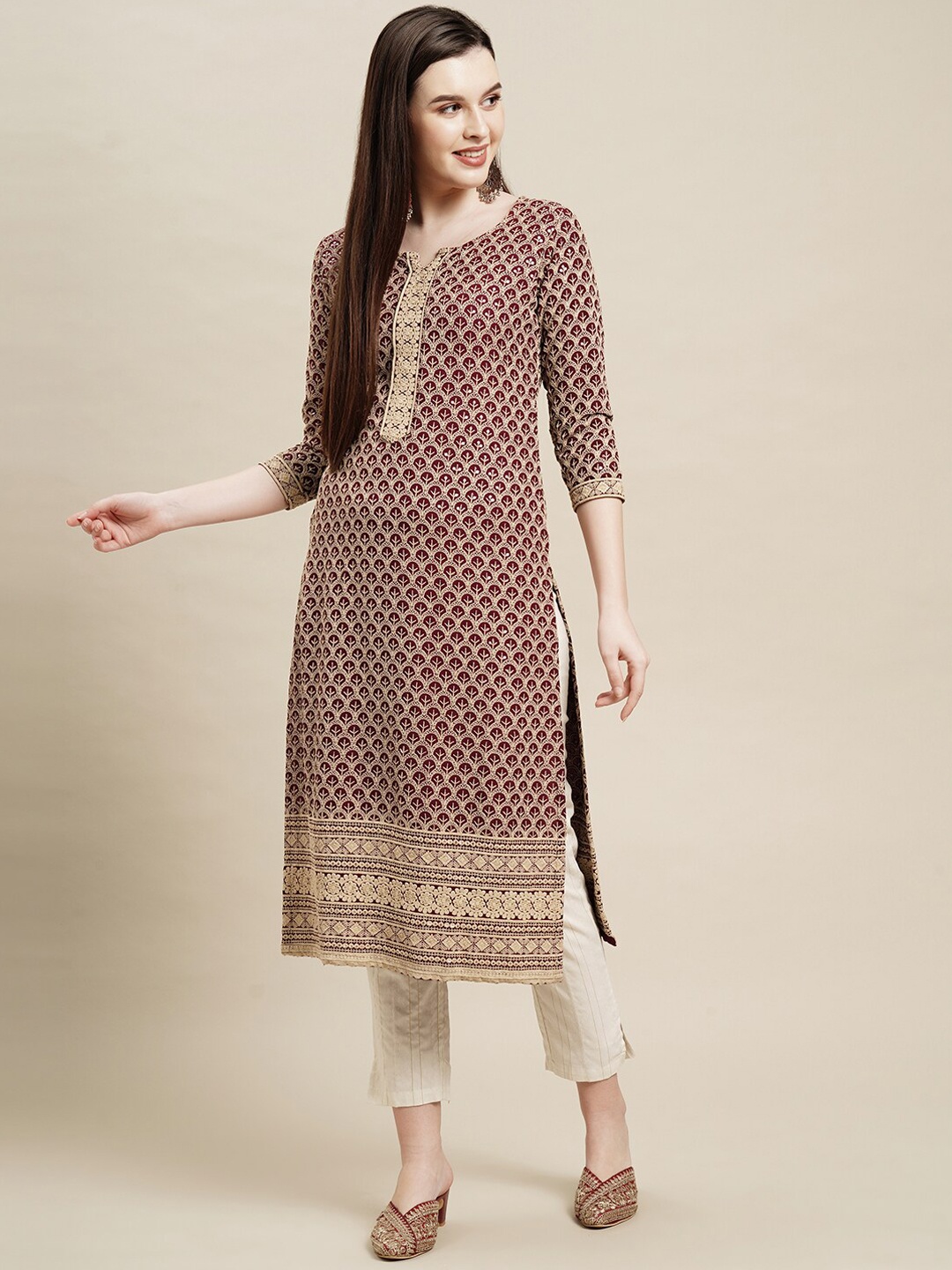 

FASHOR Women Purple Geometric Printed Flared Sleeves Kurta