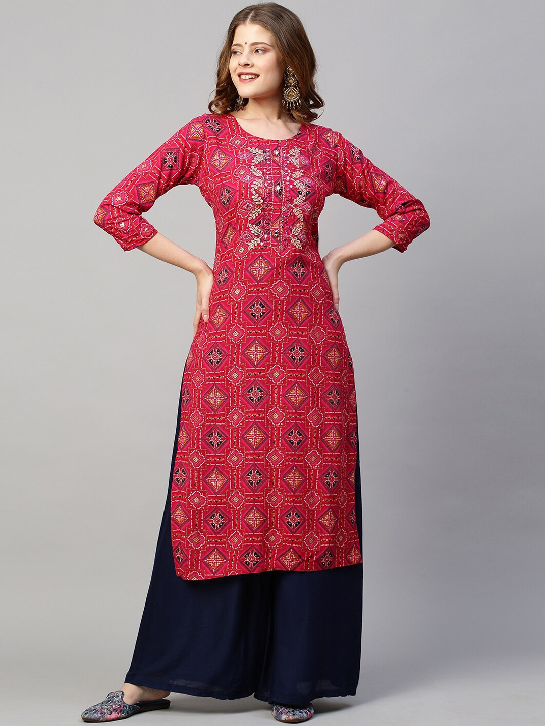 FASHOR Women Red Printed Mirror Work Kurta