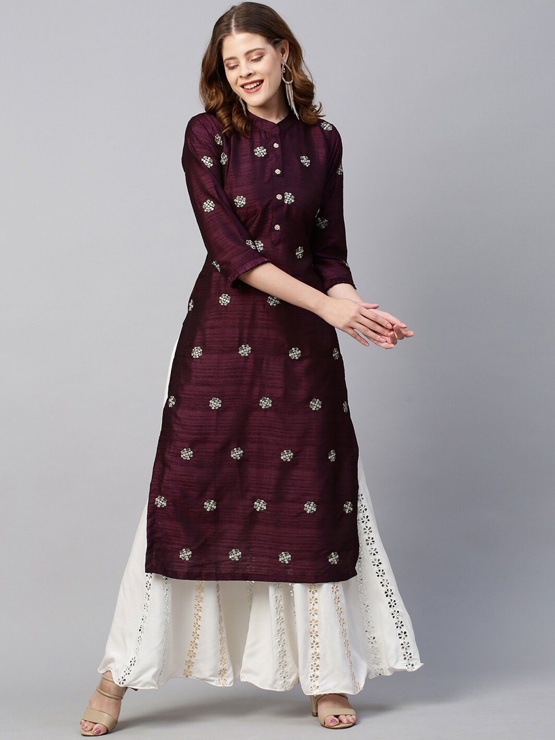 

FASHOR Women Purple Quirky Embellished Flared Sleeves Mirror Work Pathani Kurta