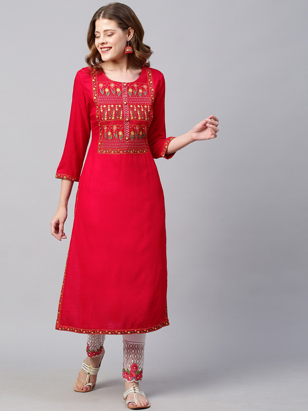 

FASHOR Women Red Floral Embroidered Mirror Work Kurta